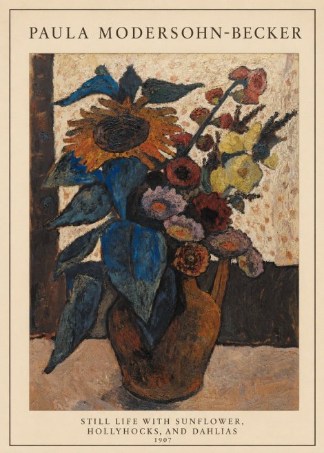 Paula Modersohn-Becker Still Life with Sunflower, Hollyhocks, and Dahlias No5 - Affiche