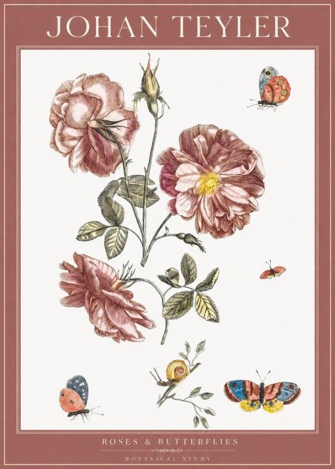 Johan Teyler Roses & Butterflies - Botanical Study No1 - Affiche