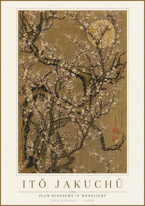 Itō Jakuchū Plum Blossoms in Moonlight No4 - Affiche