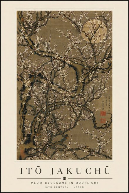 Itō Jakuchū Plum Blossoms in Moonlight No6 - Affiche
