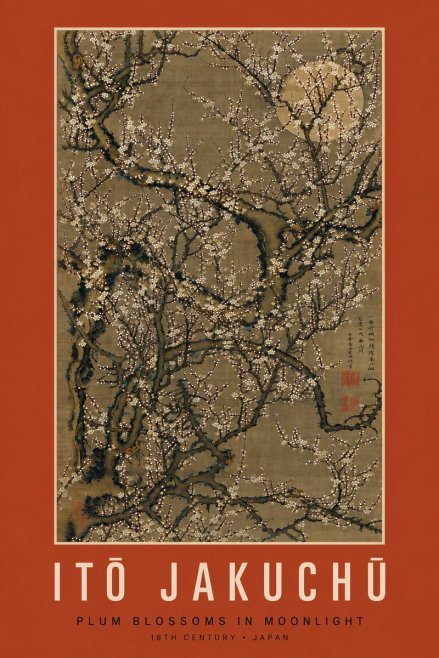 Itō Jakuchū Plum Blossoms in Moonlight No7 - Affiche