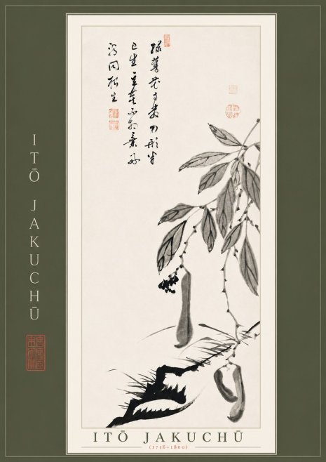 Itō Jakuchū Branch with Pods and Calligraphy No4 - Affiche