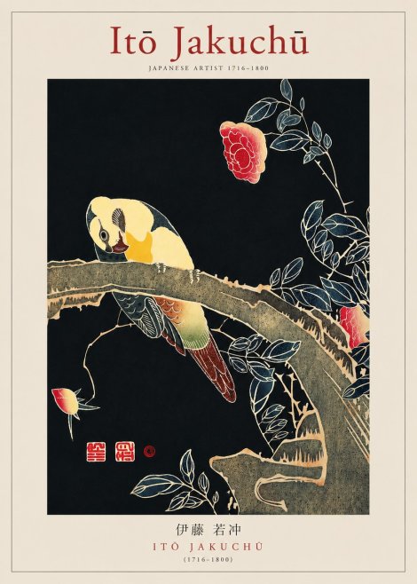 Itō Jakuchū Parrot and Rose No3 - Affiche