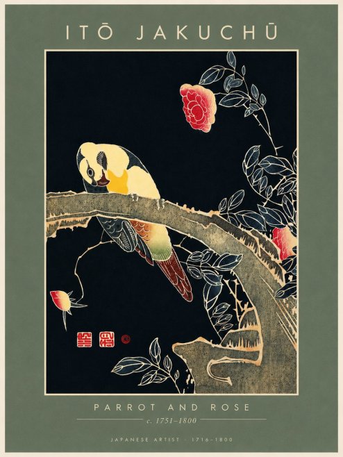 Itō Jakuchū Parrot and Rose No4 - Affiche
