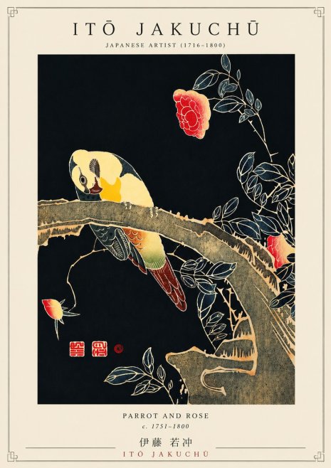 Itō Jakuchū Parrot and Rose No5 - Affiche