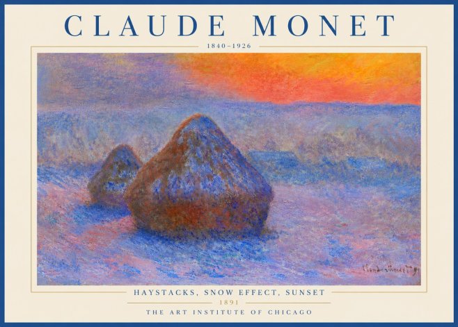 Monet Haystacks, Snow Effect, Sunset No5 - Affiche