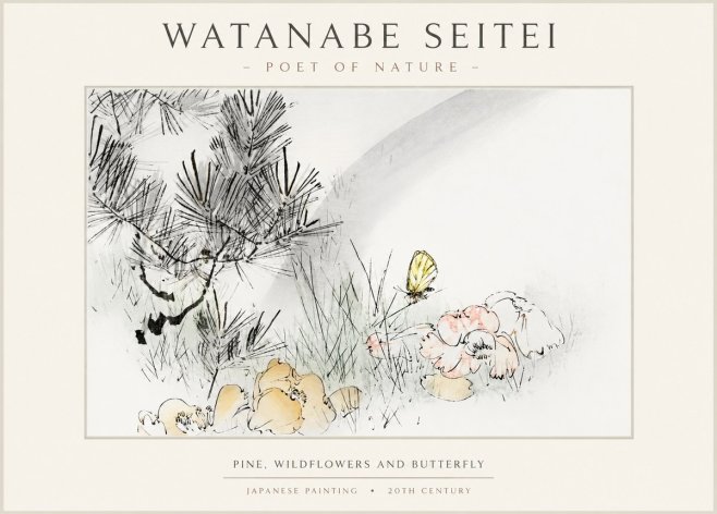 Watanabe Seitei Pine, Wildflowers and Butterfly No1 - Affiche