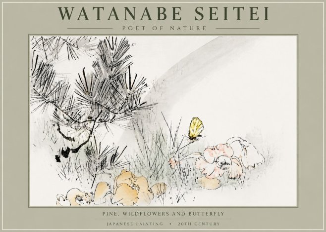 Watanabe Seitei Pine, Wildflowers and Butterfly No5 - Affiche