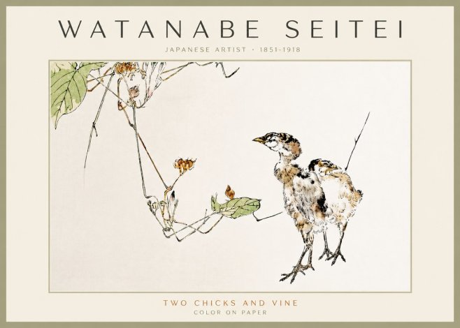Watanabe Seitei Two Chicks and Vine No3 - Affiche