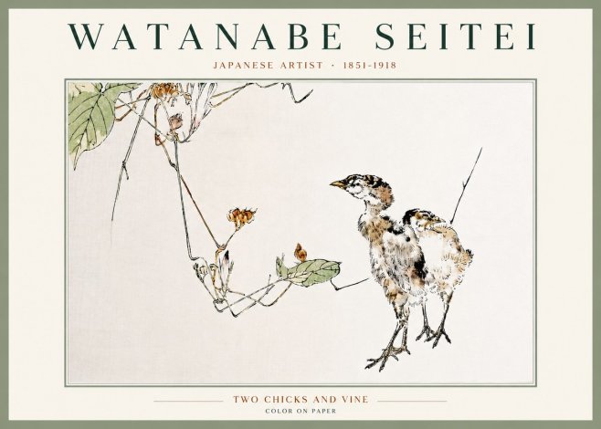 Watanabe Seitei Two Chicks and Vine No4 - Affiche