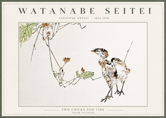 Watanabe Seitei Two Chicks and Vine No5 - Affiche