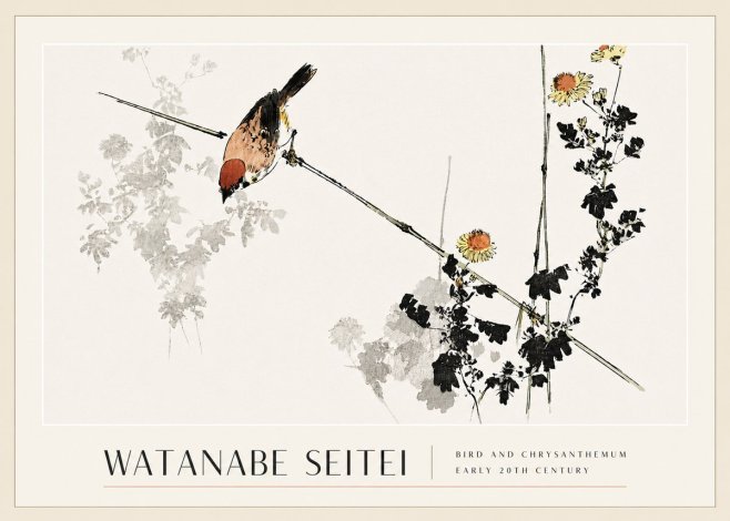 Watanabe Seitei Bird and Chrysanthemum No3 - Affiche