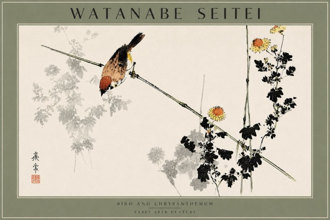 Watanabe Seitei Bird and Chrysanthemum No4 - Affiche