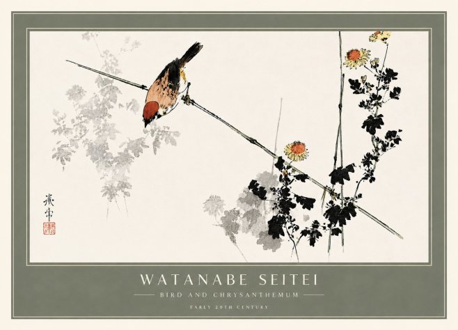 Watanabe Seitei Bird and Chrysanthemum No6 - Affiche