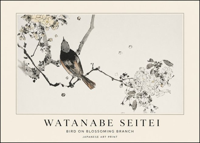 Watanabe Seitei Bird on Blossoming Branch No1 - Affiche