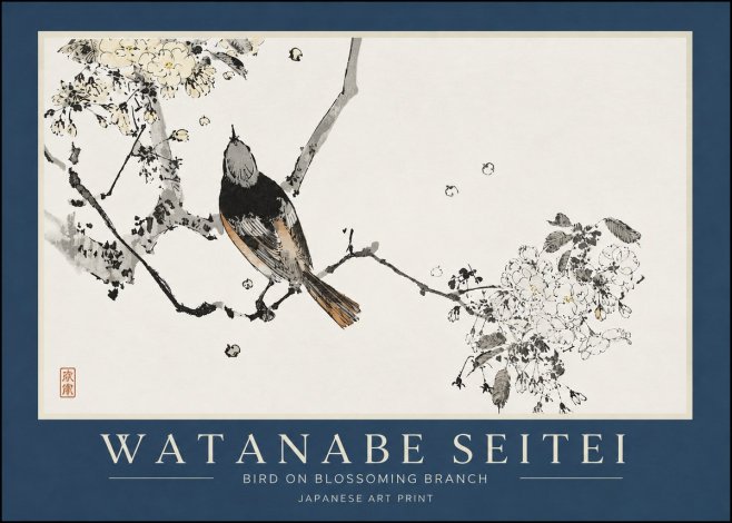 Watanabe Seitei Bird on Blossoming Branch No3 - Affiche