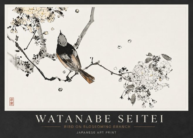 Watanabe Seitei Bird on Blossoming Branch No6 - Affiche