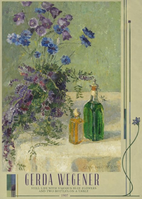 Gerda Wegener Still Life with Various Blue Flowers and Two Bottles on a Table No3 - Affiche