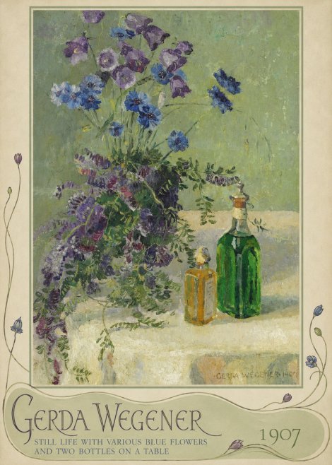 Gerda Wegener Still Life with Various Blue Flowers and Two Bottles on a Table No5 - Affiche