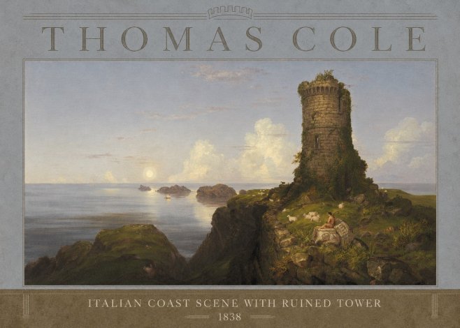 Thomas Cole Italian Coast Scene with Ruined Tower II No3 - Affiche