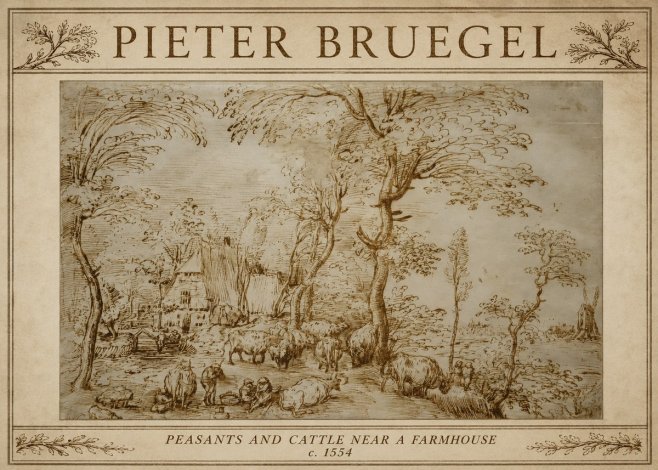 Pieter Bruegel Peasants and Cattle Near a Farmhouse No3 - Affiche