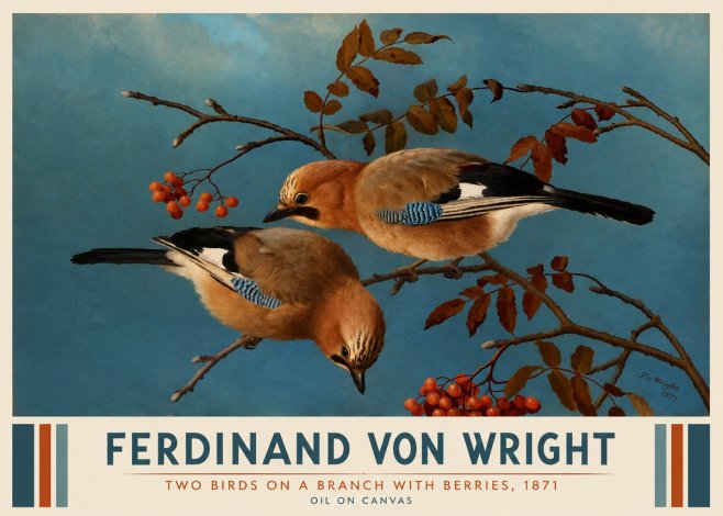 Ferdinand von Wright Two Birds on a Branch with Berries, 1871 No3 - Affiche