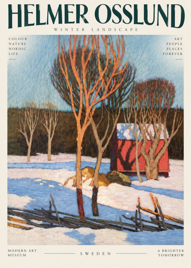 Helmer Osslund Winter Landscape with Red Barn No6 - Affiche