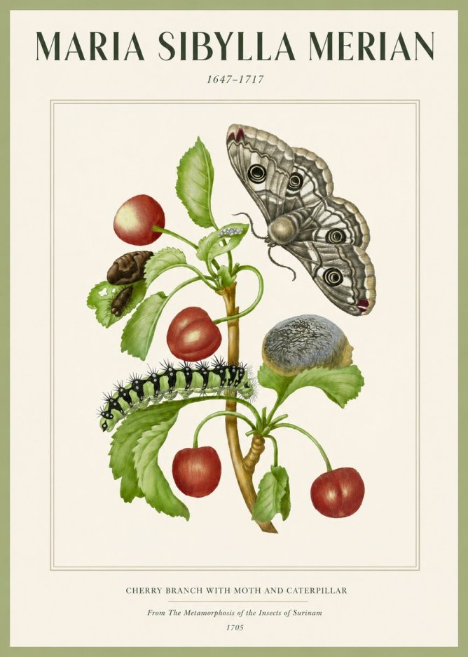 Maria Sibylla Merian Cherry Branch with Moth and Caterpillar No2 - Affiche