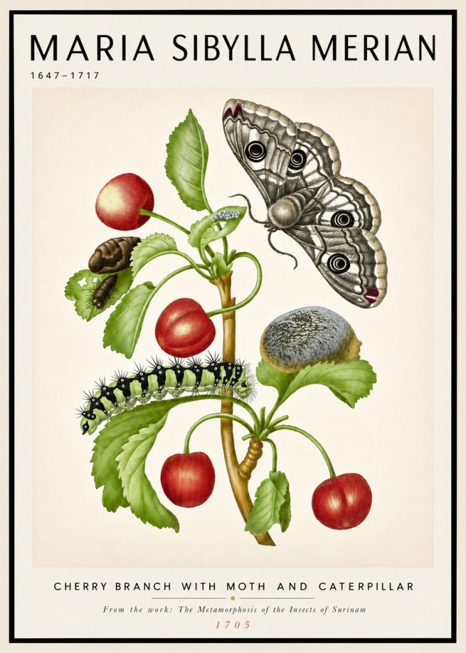 Maria Sibylla Merian Cherry Branch with Moth and Caterpillar No4 - Affiche