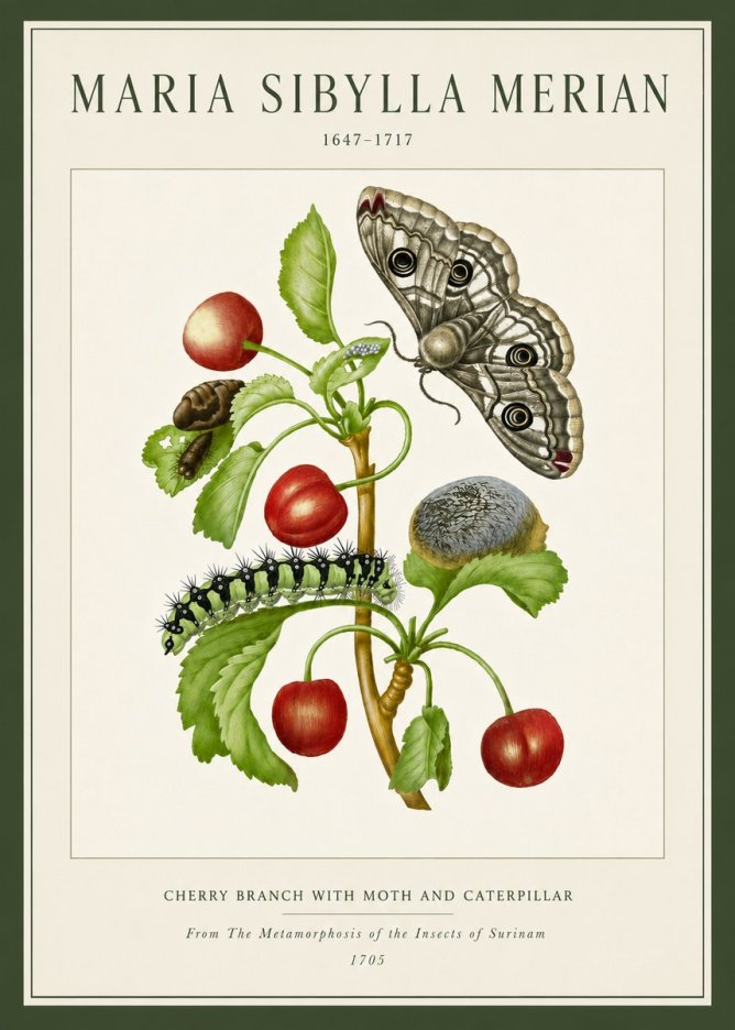 Maria Sibylla Merian Cherry Branch with Moth and Caterpillar No5 - Affiche