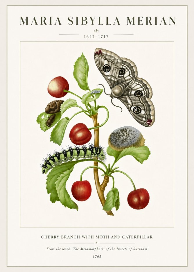 Maria Sibylla Merian Cherry Branch with Moth and Caterpillar No6 - Affiche