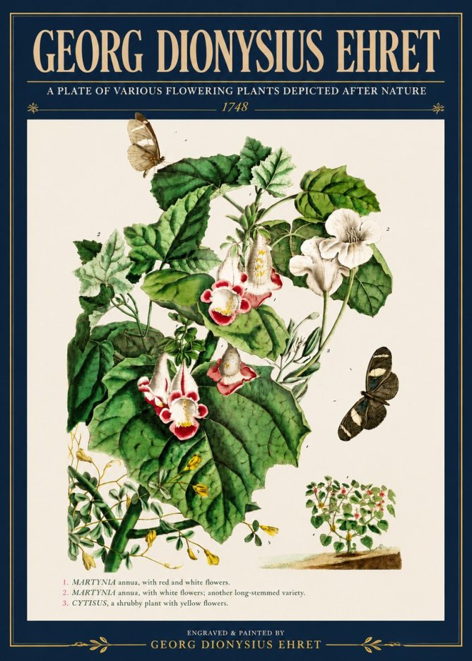 Georg Dionysius Ehret A Plate of Various Flowering Plants Depicted After Nature 1748 No4 - Affiche