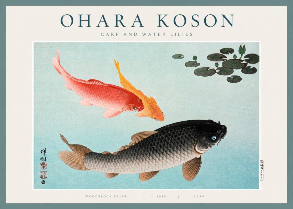 Ohara Koson Carp and Water Lilies No2 - Affiche