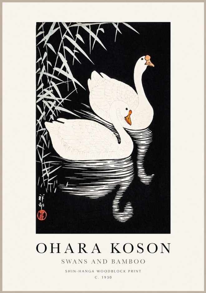 Ohara Koson Swans and Bamboo No1 - Affiche