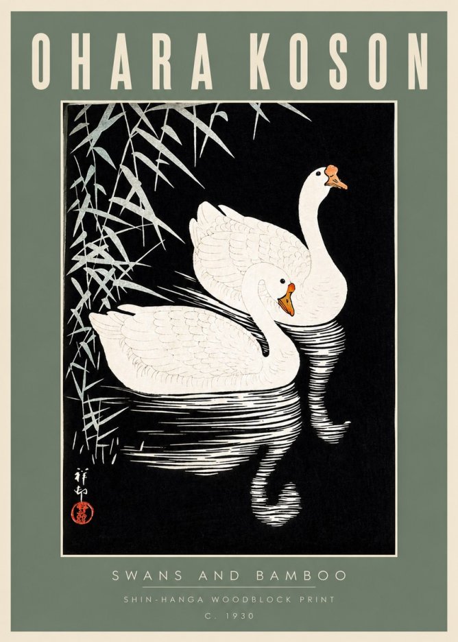 Ohara Koson Swans and Bamboo No2 - Affiche