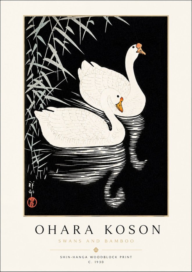 Ohara Koson Swans and Bamboo No3 - Affiche