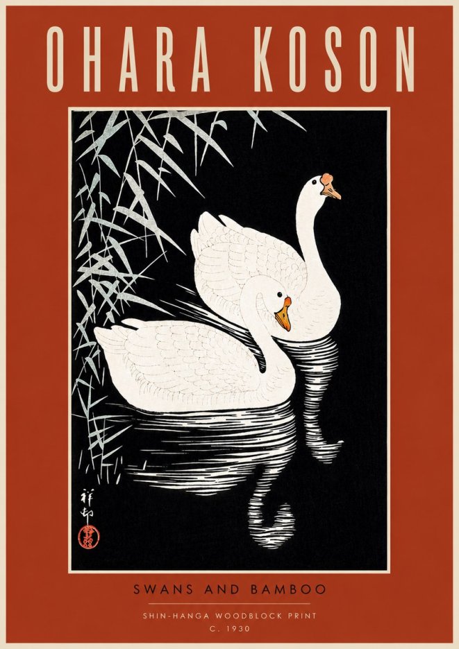 Ohara Koson Swans and Bamboo No4 - Affiche