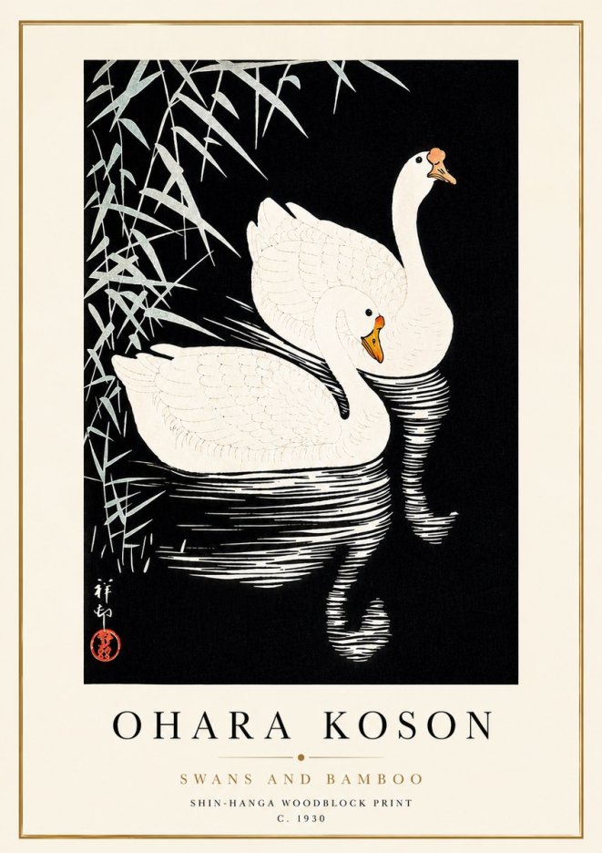 Ohara Koson Swans and Bamboo No5 - Affiche