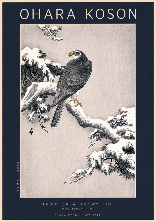 Ohara Koson Hawk on a Snowy Pine No2 - Affiche