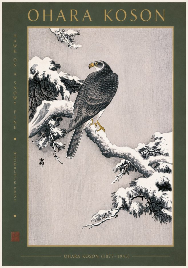 Ohara Koson Hawk on a Snowy Pine No6 - Affiche