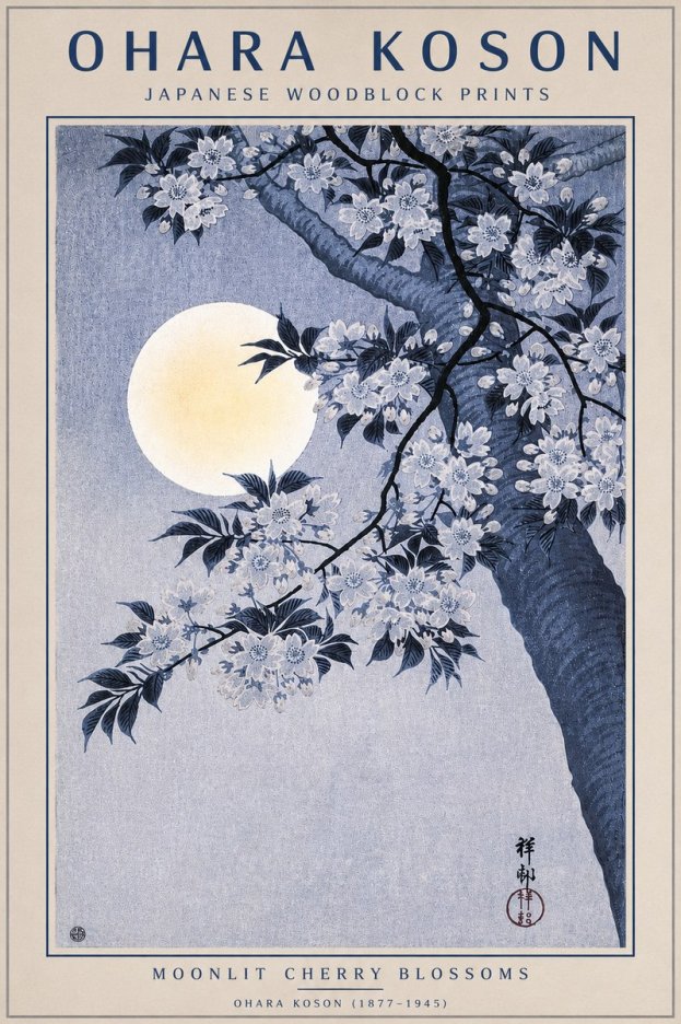 Ohara Koson Moonlit Cherry Blossoms No4 - Affiche