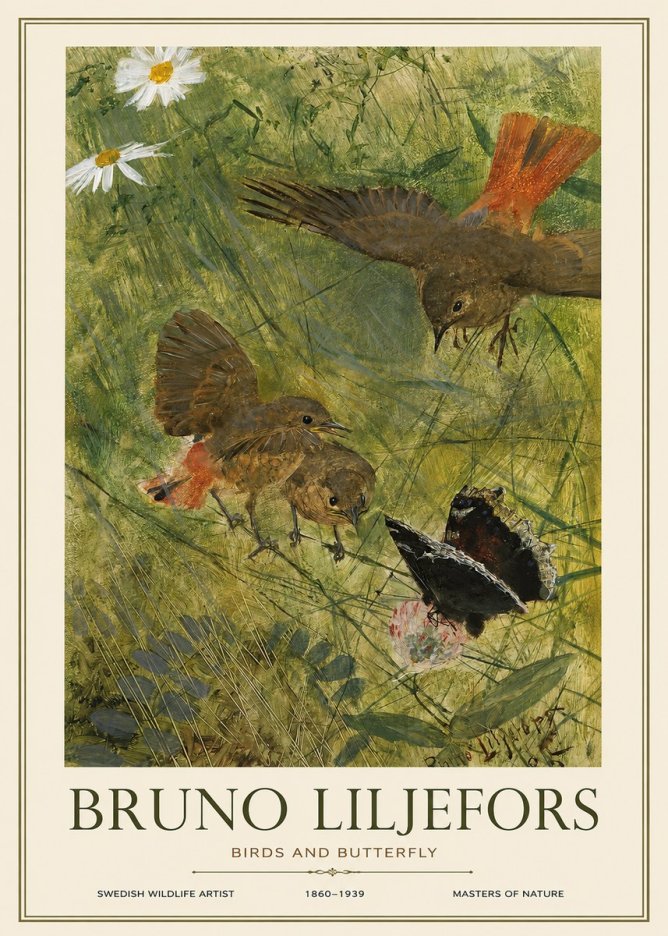 Bruno Liljefors Birds and Butterfly No1 - Affiche