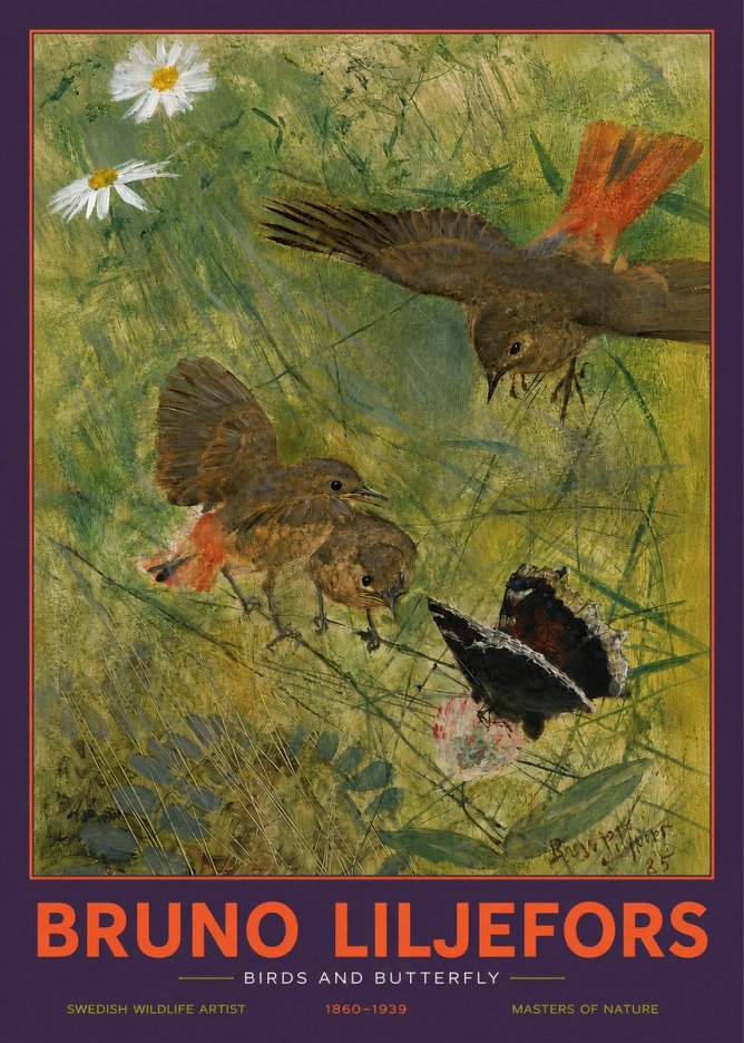 Bruno Liljefors Birds and Butterfly No2 - Affiche