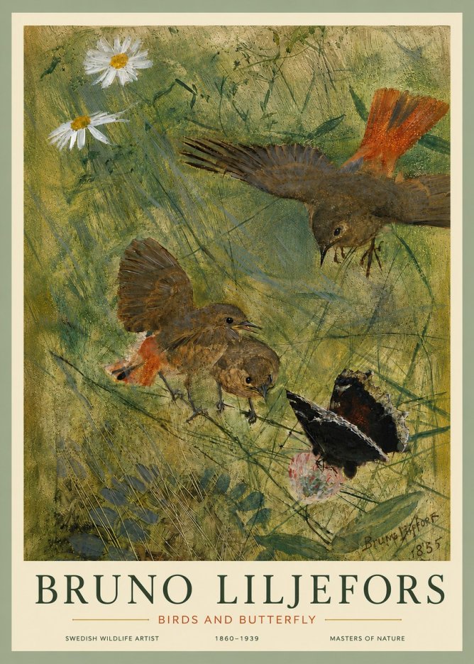 Bruno Liljefors Birds and Butterfly No5 - Affiche