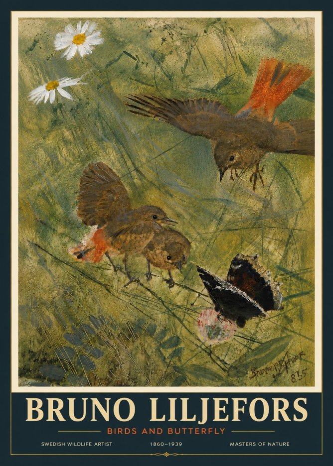 Bruno Liljefors Birds and Butterfly No6 - Affiche