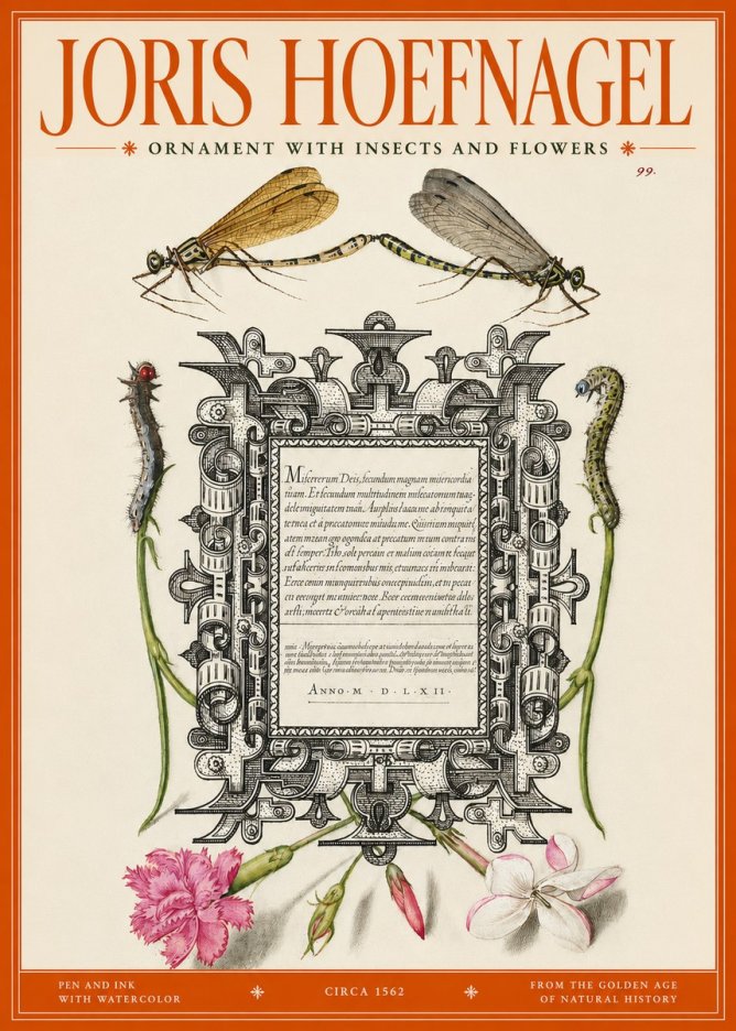 Joris Hoefnagel Ornamental Frame with Damselflies, Caterpillars and Flowers No3 - Affiche