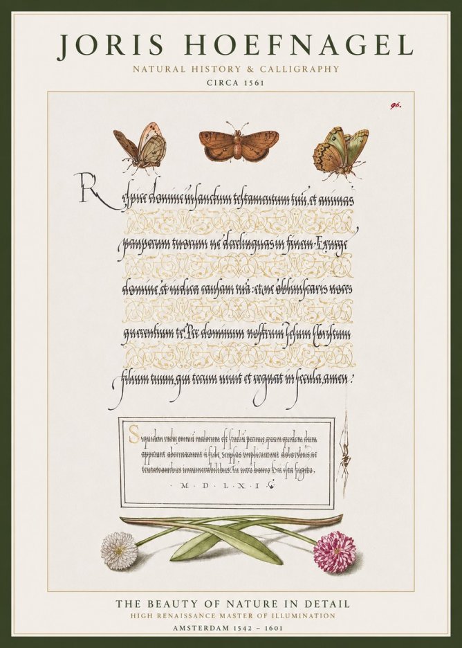 Joris Hoefnagel Butterflies, Flowers and Calligraphy Page No1 - Affiche