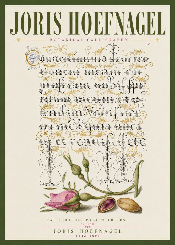 Joris Hoefnagel Calligraphic Page with Rose No3 - Affiche