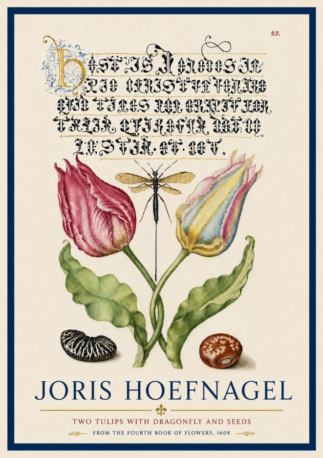 Joris Hoefnagel Two Tulips with Dragonfly and Seeds No6 - Affiche