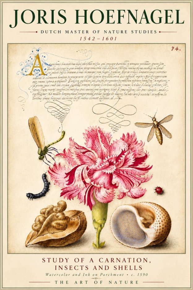 Joris Hoefnagel Study of a Carnation, Insects and Shells No6 - Affiche